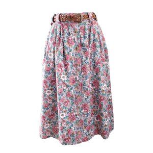 Vintage Briggs Belted Skirt Full Button Down Up Floral Midi 100% Cotton USA 14 L